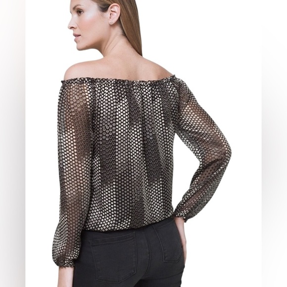 WHBM ombre polka dot peasant blouse black/ecru lined off the shoulder medium - Picture 5 of 12